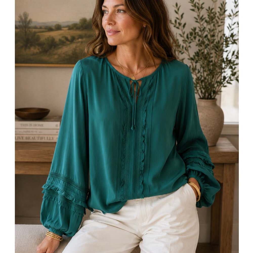 Kobi Halperin Silk Blouse M Teal Green Ruffle Lace Balloon Sleeve Boho Holiday